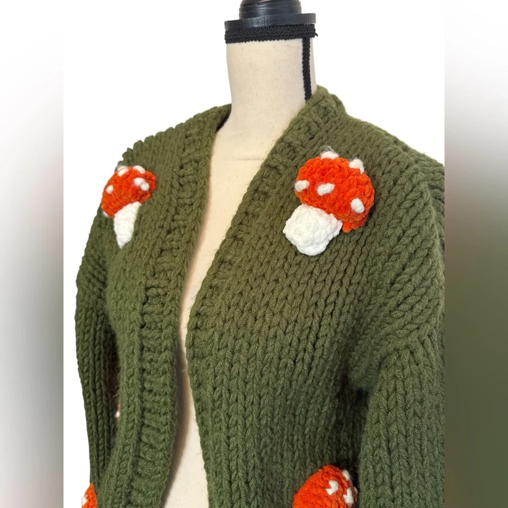 Society Mano Mushroom Green Cropped Chunky Cardigan Sweater Women S/ MSRP$249 - Picture 7 of 10